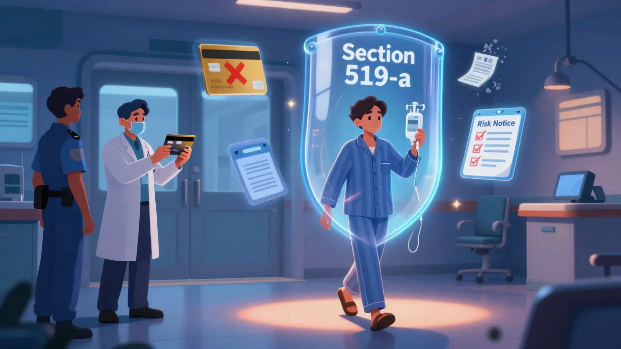 Emergency patient protected by a legal shield as staff try to ask for a credit card.