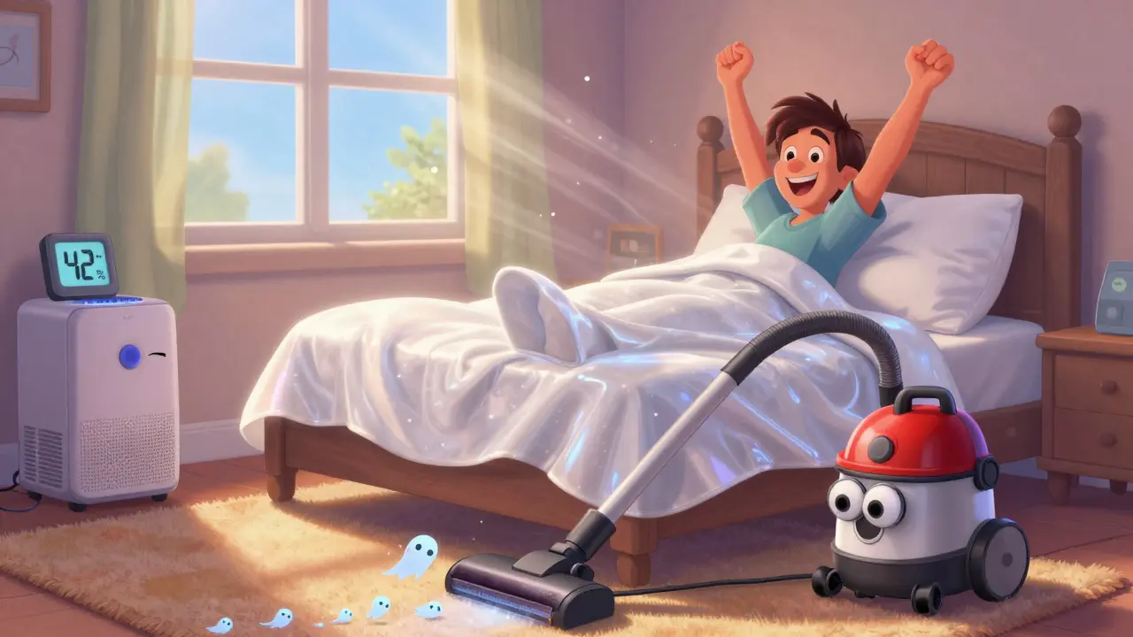 Happy person waking up in a clean bedroom with allergen-proof bedding and a smiling dehumidifier.