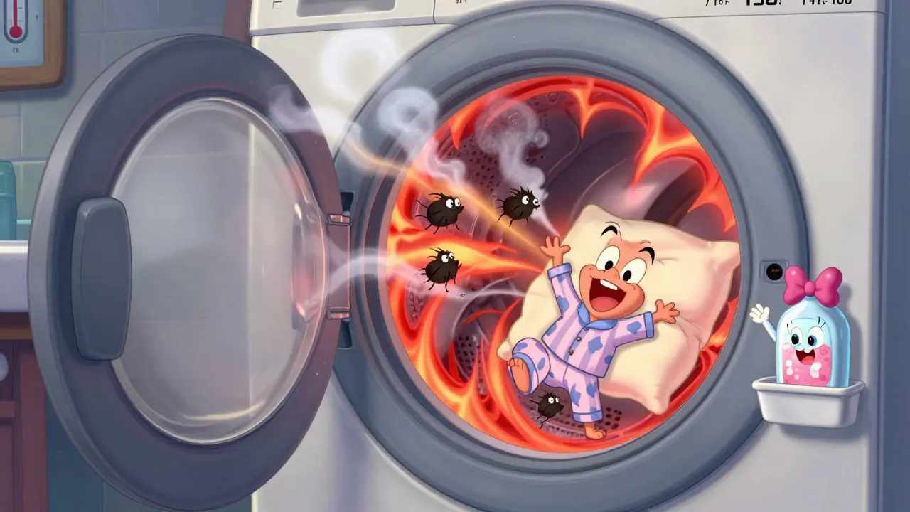 Hot washing machine bursting with steam as cartoon dust mites flee in panic from 130°F water.