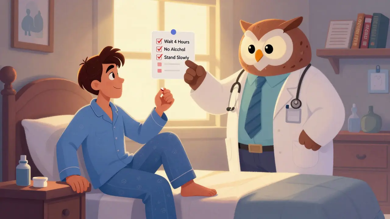 Man sitting on bed edge, holding a low-dose pill, guided by a doctor owl with safety checklist.