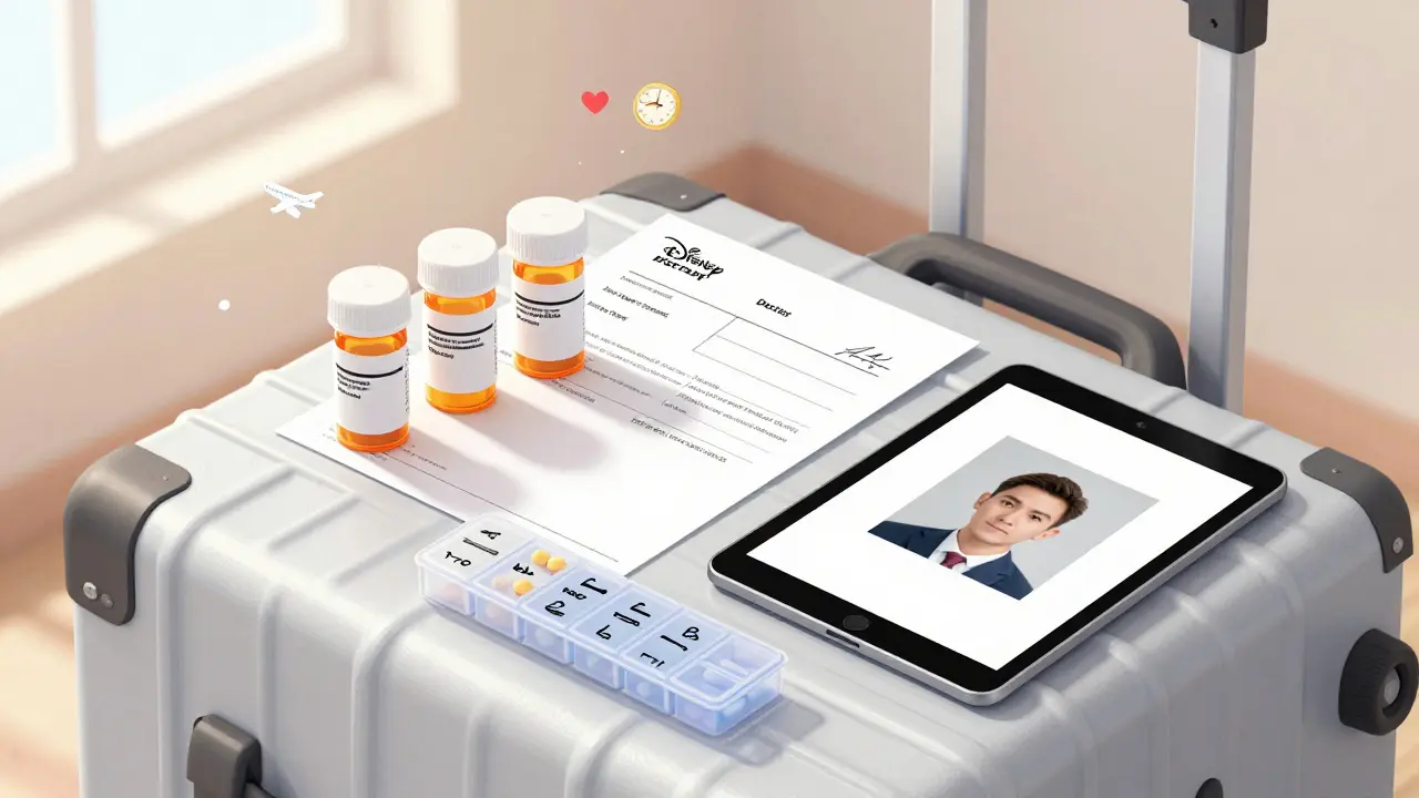 Minimalist travel medication kit with labeled bottles, prescription, and doctor's letter neatly arranged.