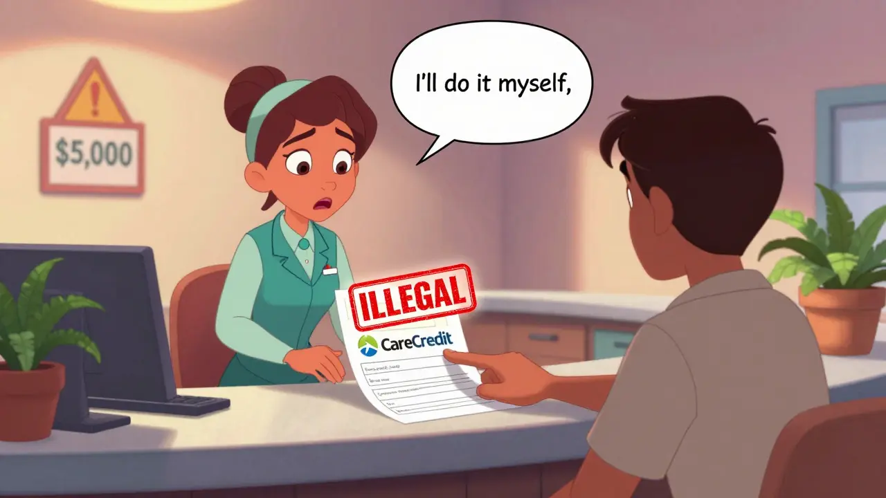 Patient stopping a provider from filling out a medical financing application with a glowing 'ILLEGAL' stamp.