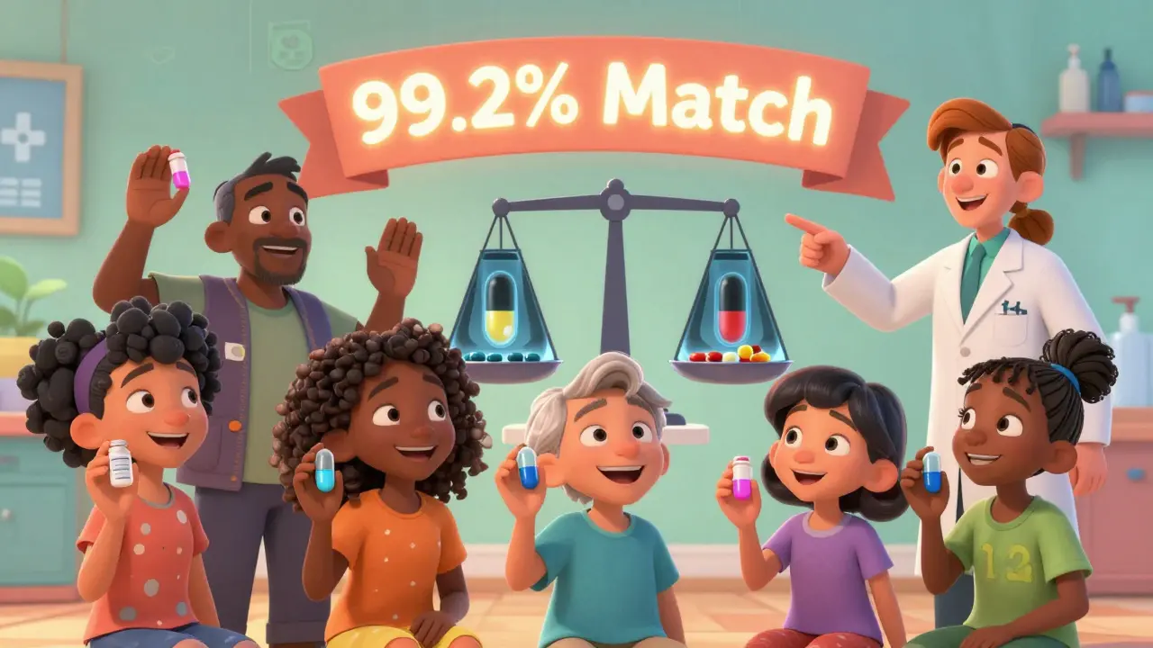 Patients holding generic pills with X-ray views showing same active ingredients as brand names, beside a scale showing big price difference.