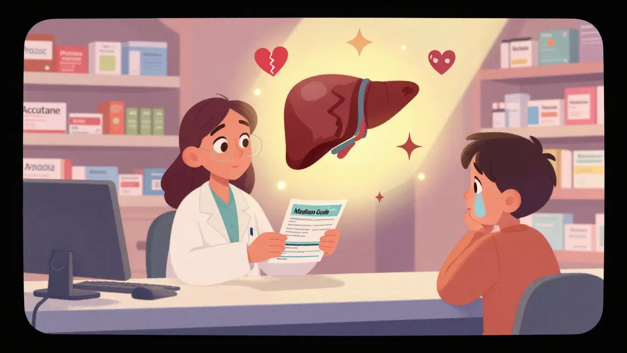 Pharmacist handing patient a guide while a magical black box warning hovers above with health symbols.