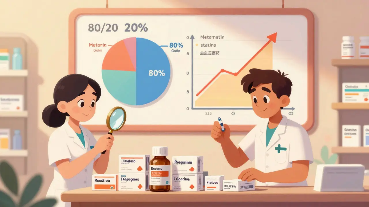 Pharmacy staff organize generic medications by expiry date, with a visual 80/20 rule chart on the wall.