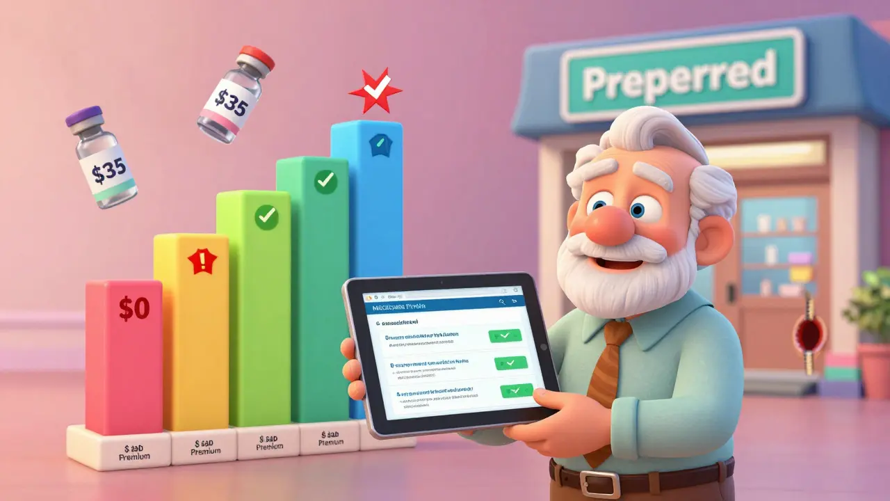 Senior man comparing Medicare plans on a tablet, with drug cost bars and insulin capped at .