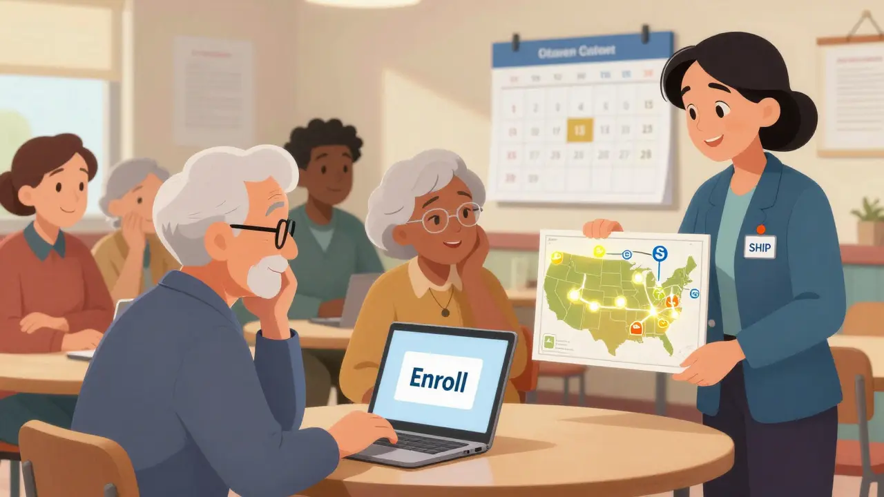 Seniors enrolling in Medicare coverage with a counselor, calendar showing open enrollment dates.