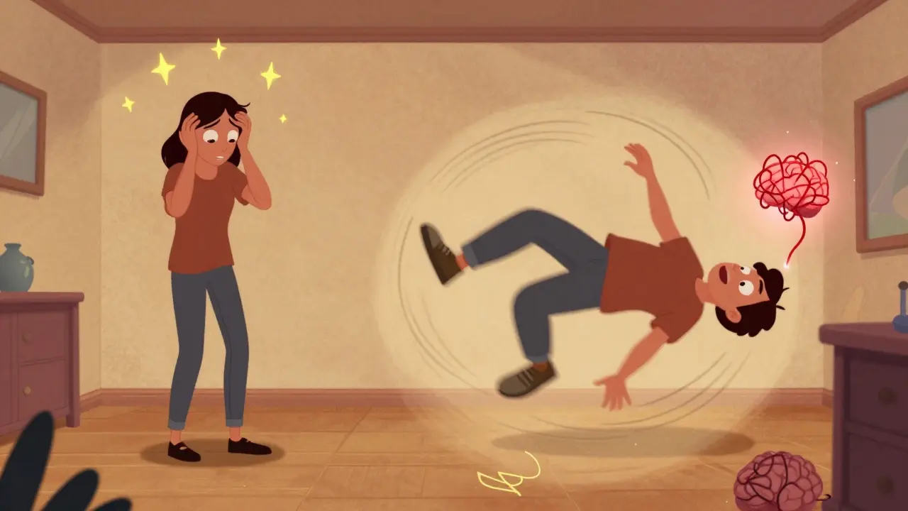 Split scene: one person feeling lightheaded, another violently spinning with a tilted room, both in Disney cartoon style.