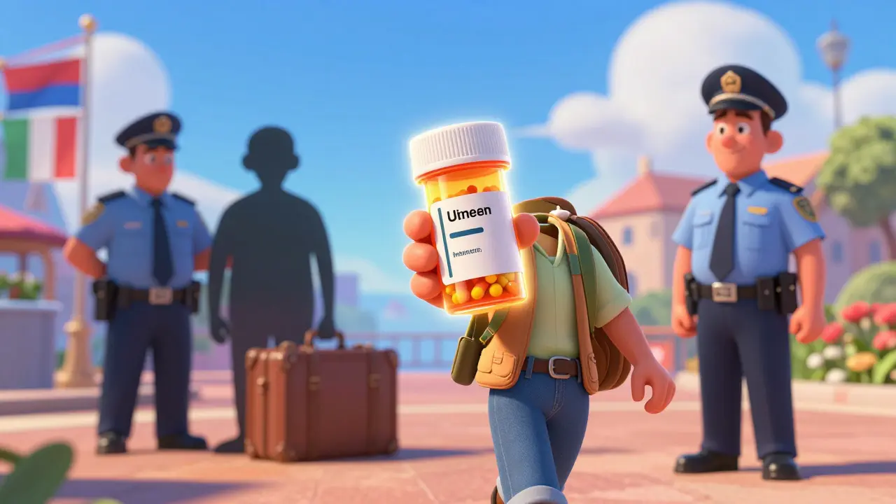 Traveler presenting labeled prescription bottle to friendly customs officer in a foreign country.