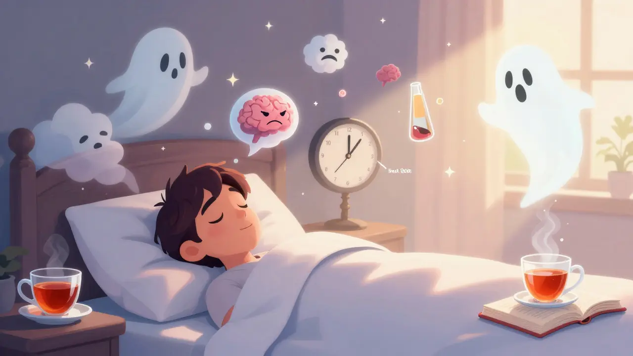 Waking up tired with ghostly sleep chaos, while healthy alternatives glow brightly in morning light.