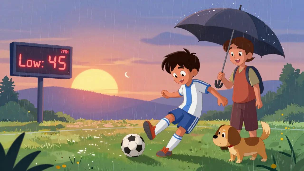 A child playing soccer at dusk after light rain, digital sign shows low pollen count, parent nearby with umbrella.