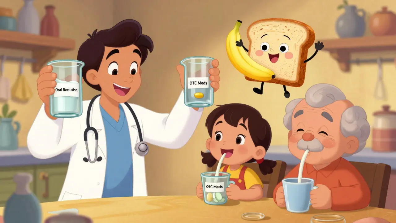 A doctor showing hydration and OTC meds to a child and elderly person in a cozy kitchen.