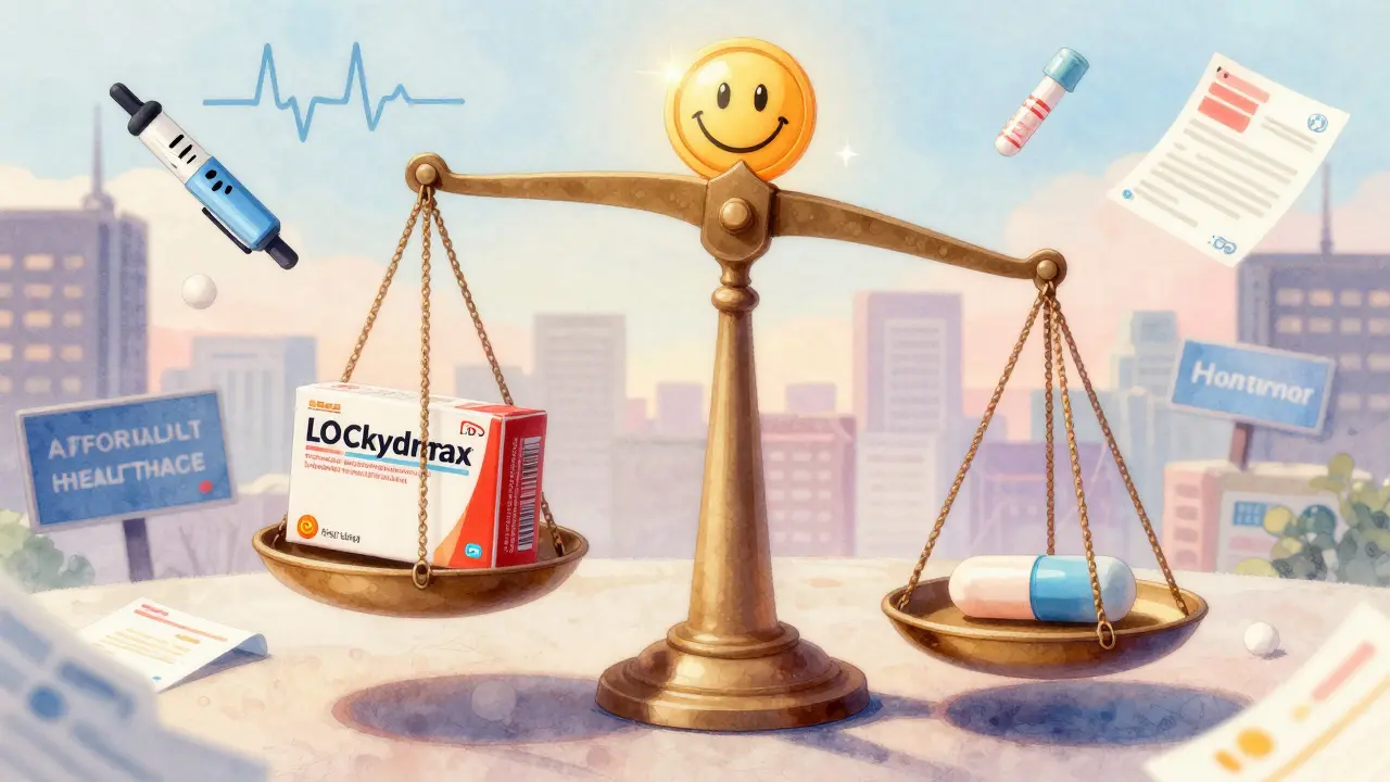 A giant scale crushing a brand-name drug box under a simple generic pill, surrounded by medical symbols and a glowing FDA badge.
