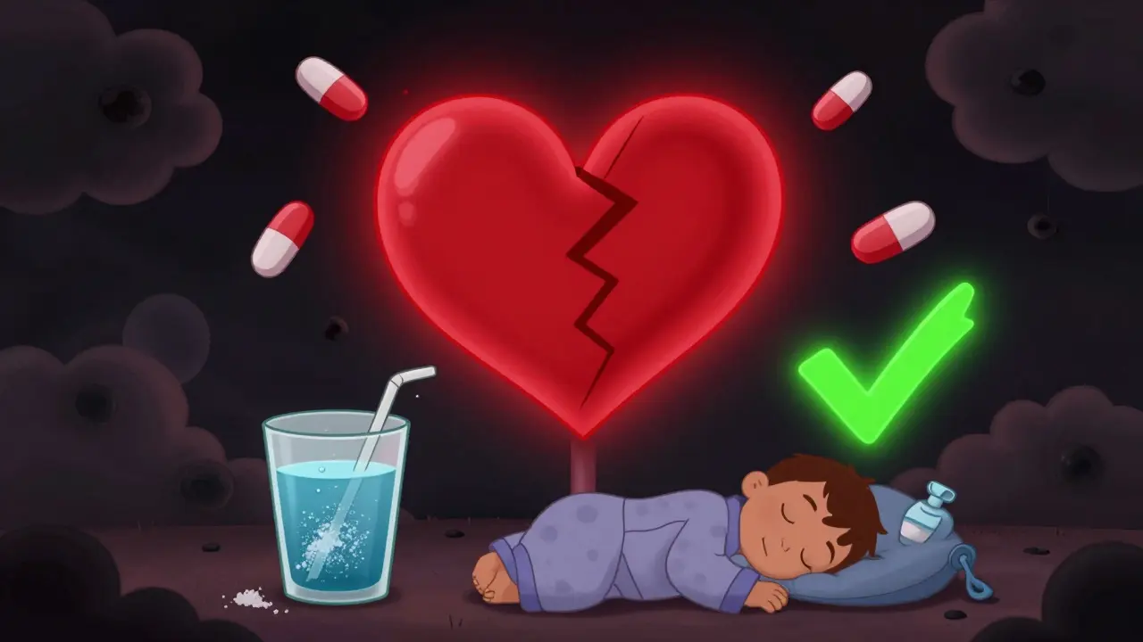 A glowing warning heart with pills and black stool clouds, contrasted with safe hydration.