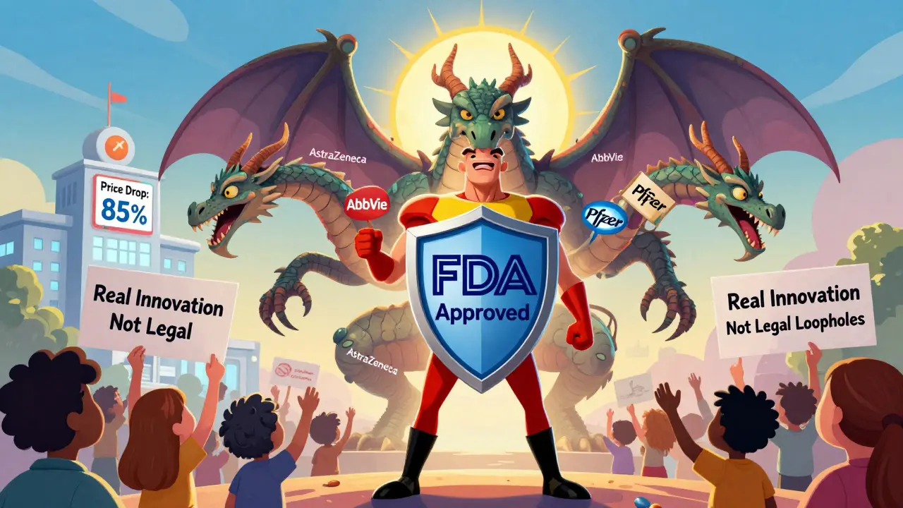 A heroic generic drug battles a patent dragon while patients cheer behind a hospital with falling prices.