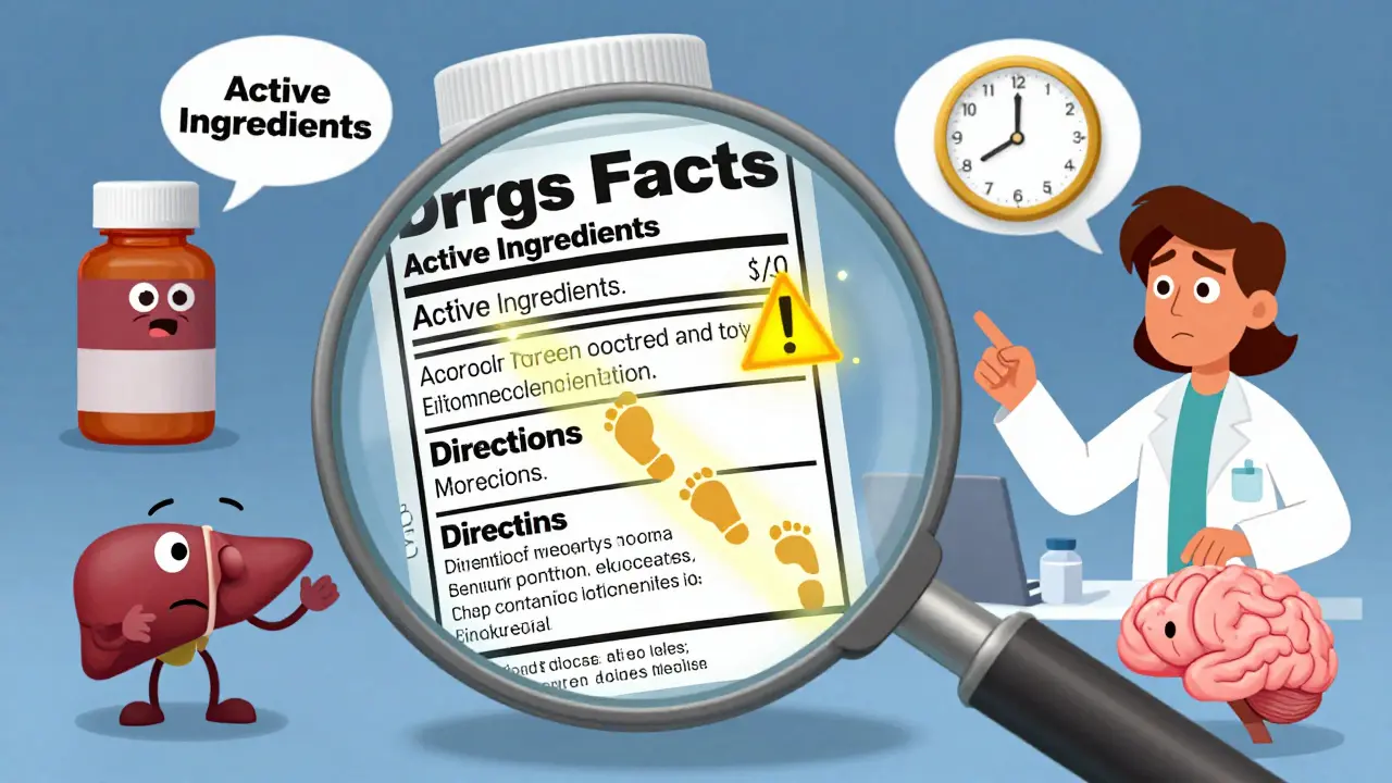 A magnifying glass reveals animated sections of a drug facts label, with glowing icons explaining active ingredients and warnings.