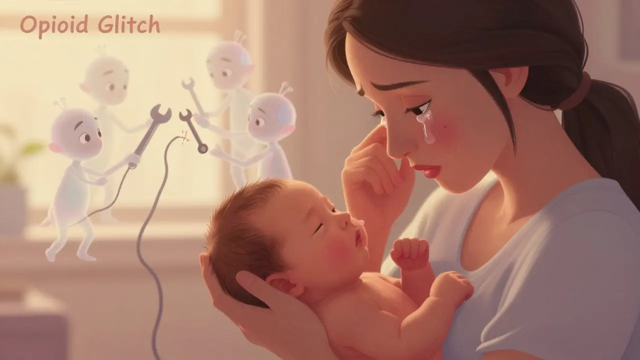 A mother holding her baby while scratching her face, with invisible nerve sprites repairing a glitch behind her.