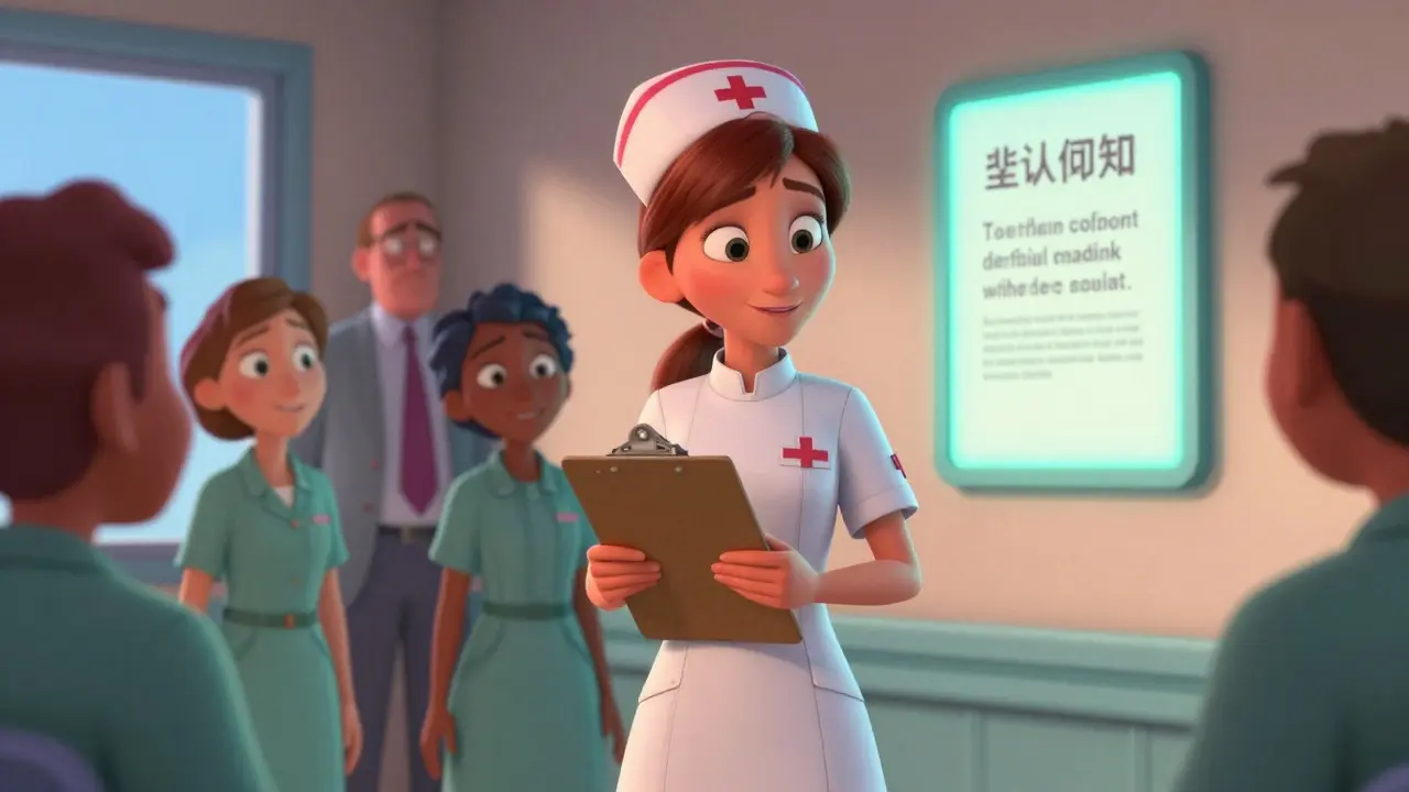 A nurse stands confidently in a hospital break room as a whistleblower rights notice glows on the wall, coworkers support her.