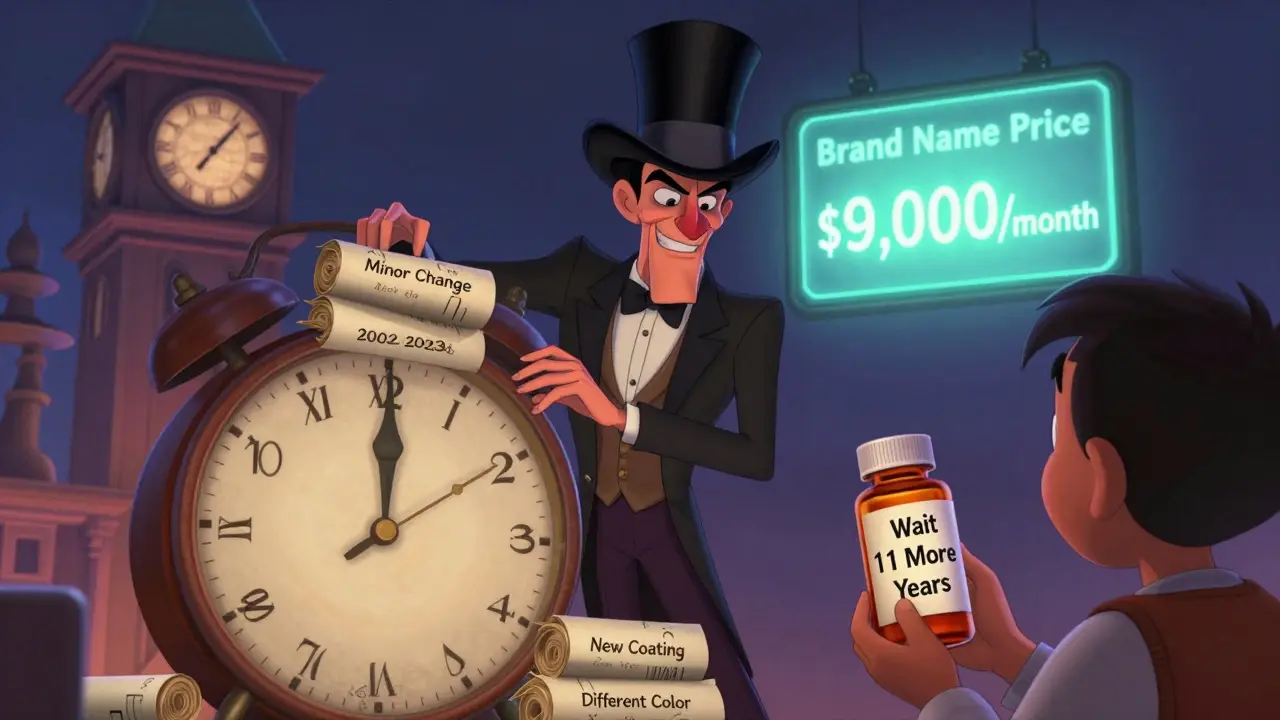 A pharmaceutical executive stacks patents on a clock as a patient waits years for affordable medicine.