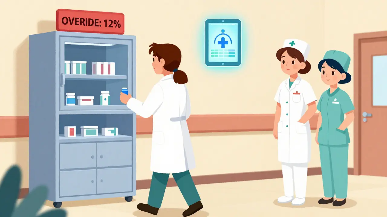 A pharmacist delivers medication to a nurse, avoiding an override-prone dispensing cabinet, with an AI safety icon glowing nearby.