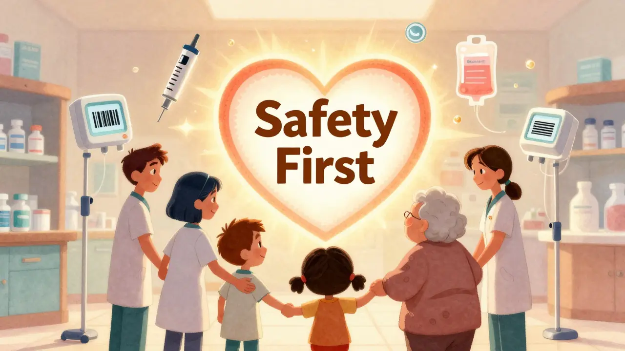A pharmacy team gathers around a glowing safety heart, surrounded by medication icons, with patients smiling in the foreground.