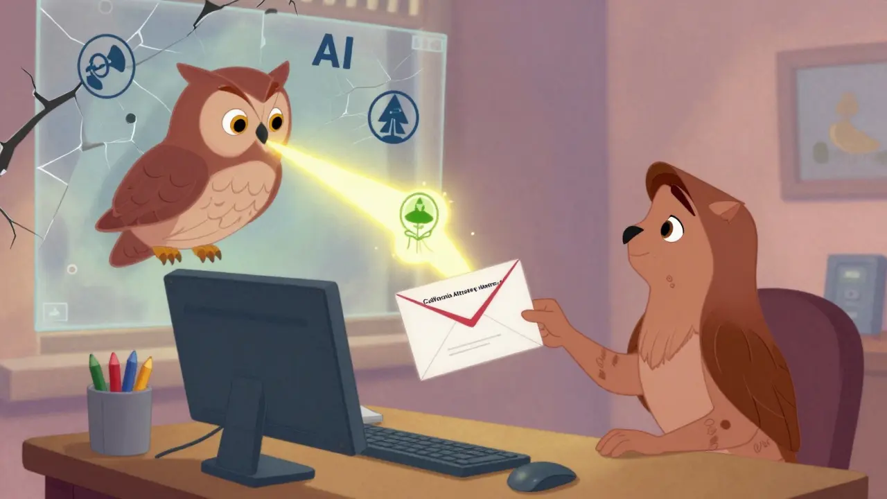 A remote worker receives a whistleblower email, guided by a magical owl holding a law book, symbols of injustice breaking apart.