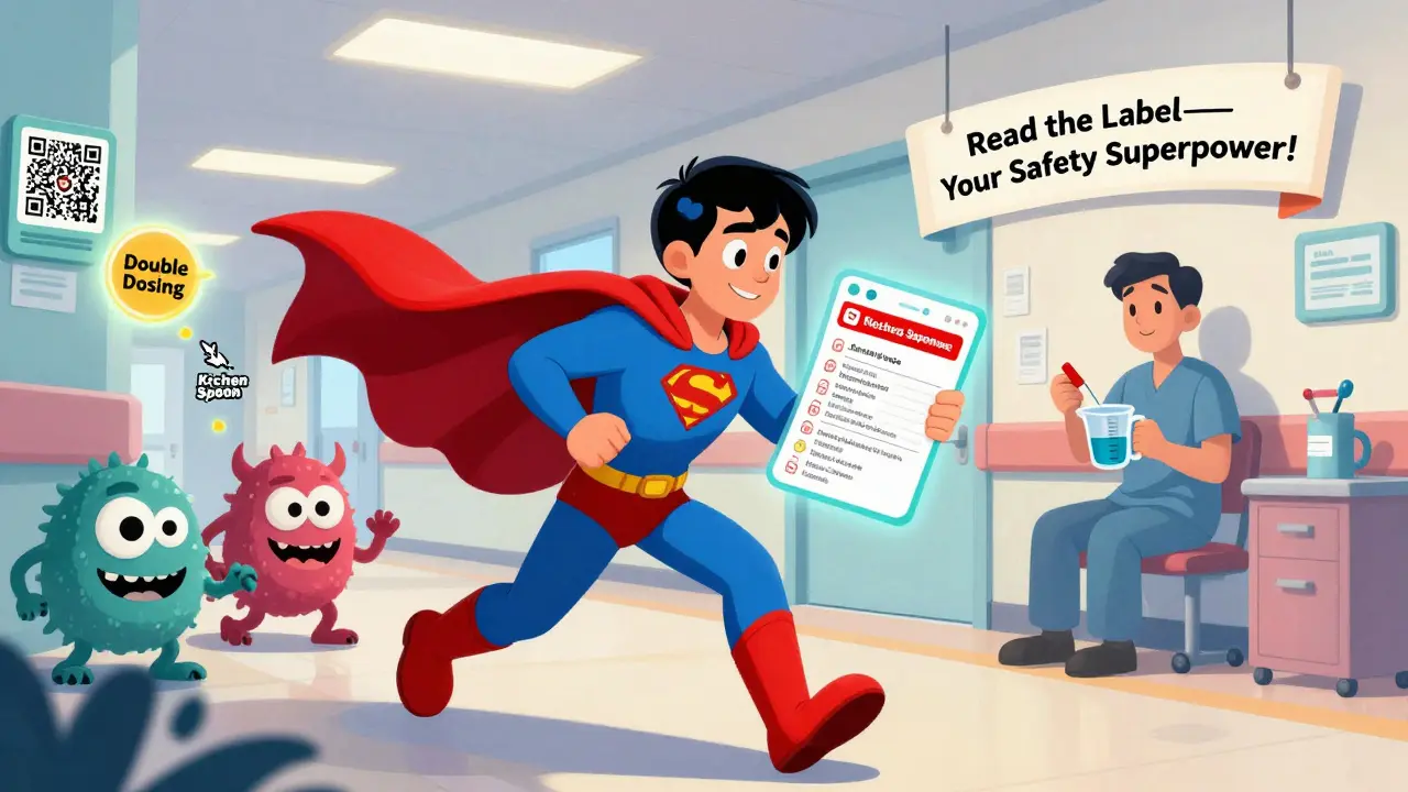 A superhero medication label dodges dangers while a patient reads it confidently, using tools and a medication list for safety.