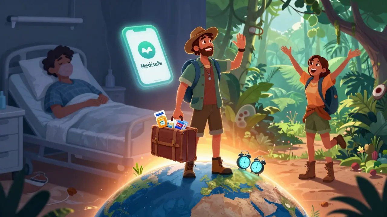A traveler on a globe with suitcase of meds and a protective app glow, contrasting sick and healthy outcomes in Disney style.