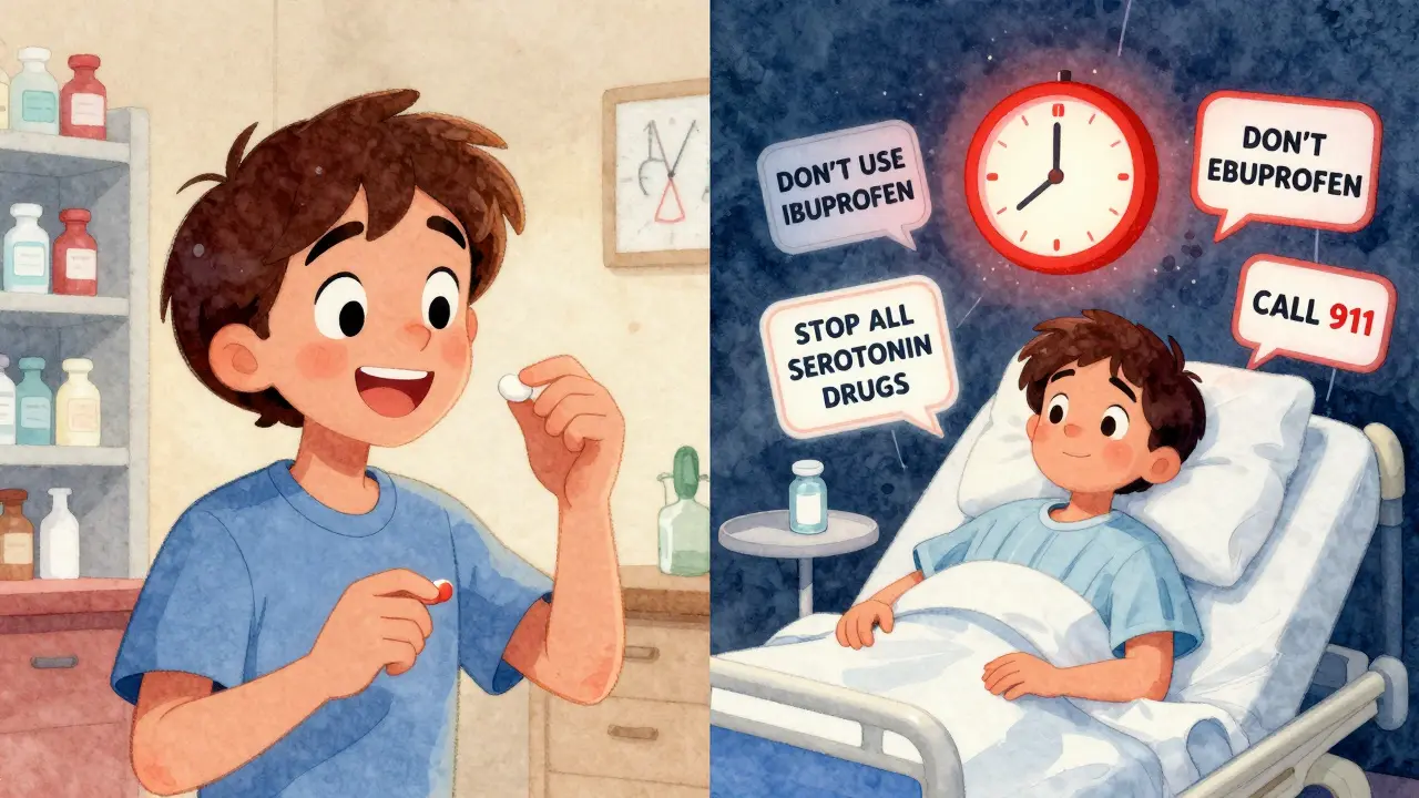 Before-and-after illustration: a calm person taking medication versus a hospitalized patient with warning signs and a ticking clock.