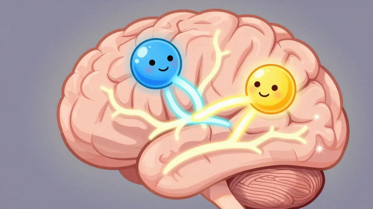 Brain with serotonin and norepinephrine molecules reducing pain signals in neural pathways.