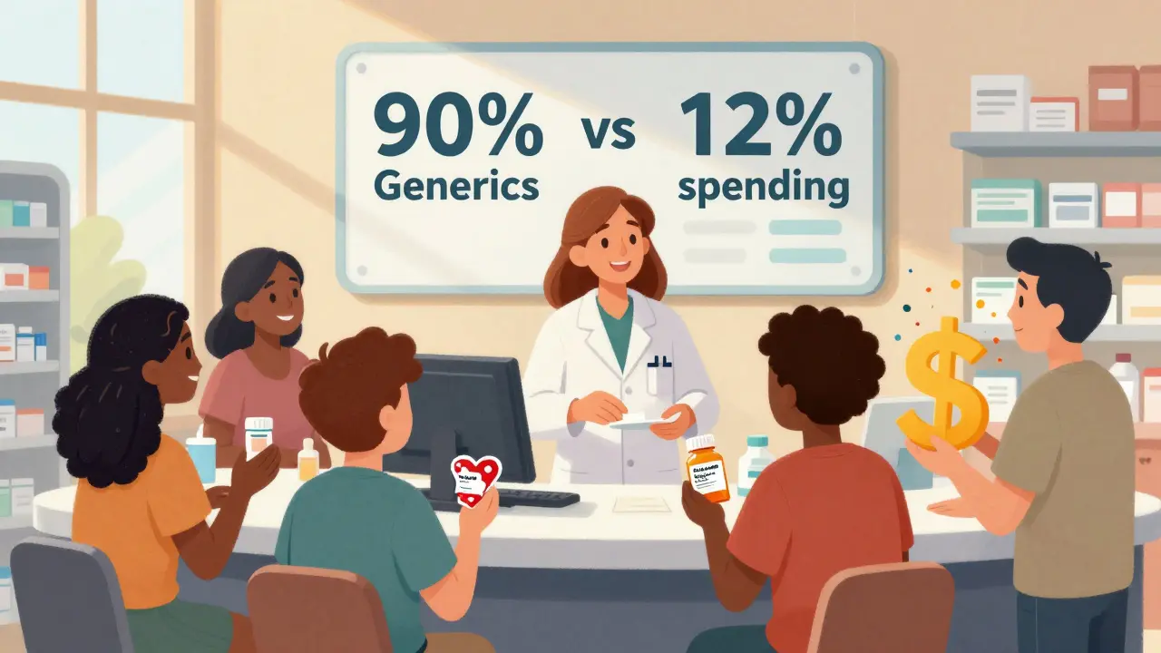 Diverse patients receiving generic prescriptions at a cheerful pharmacy, with a chart showing high generic usage and low cost.