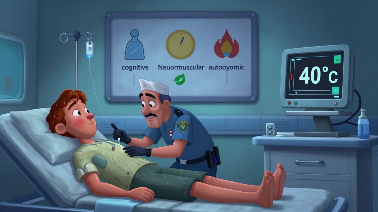 Emergency room scene with a paramedic treating a patient exhibiting muscle rigidity and high fever, while a doctor monitors vital signs.