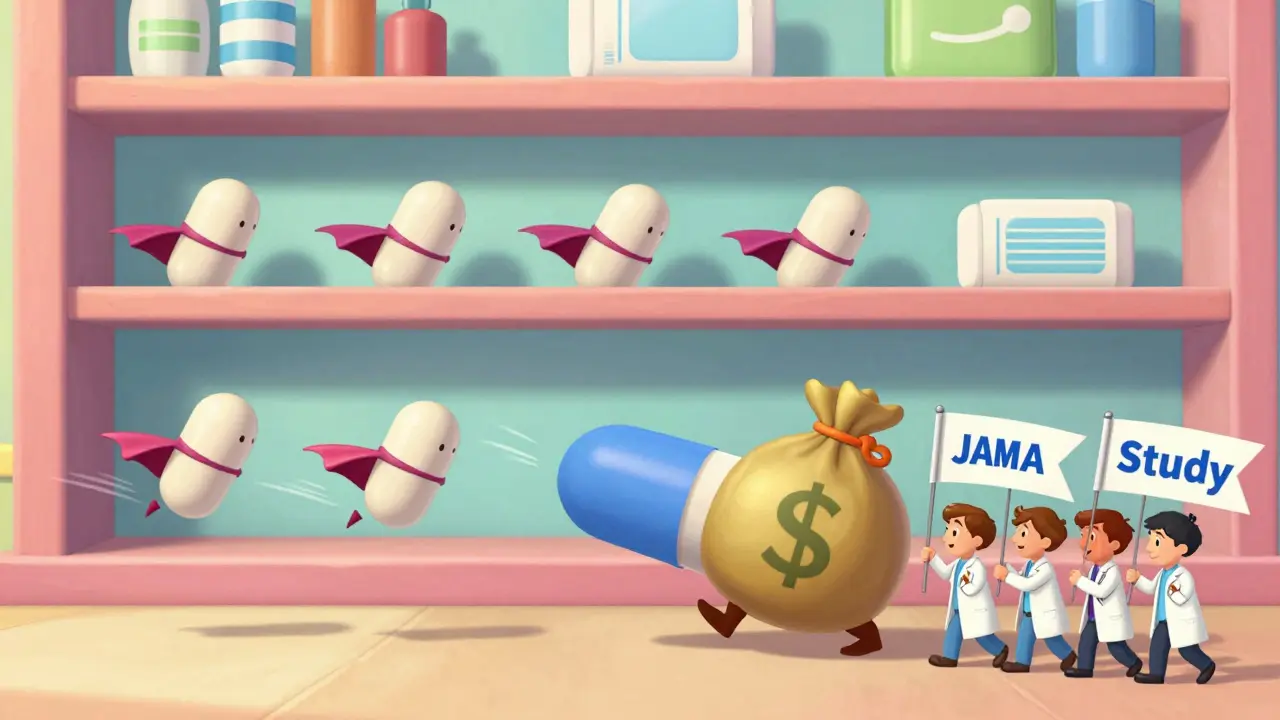 Heroic generic pills pushing out an overpriced pill from a pharmacy shelf with JAMA Study banners.