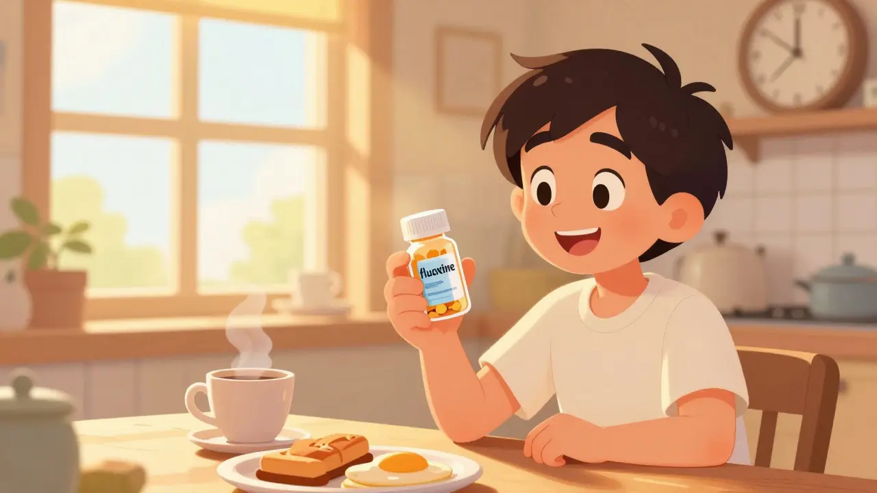 Person taking morning dose of medication with sunny kitchen background.