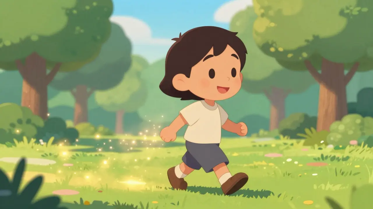 Person walking happily in sunlit park with trail of light.