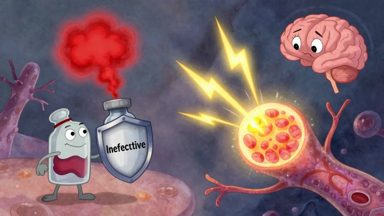 Split illustration showing ineffective histamine clouds versus active nerve signals causing itch.
