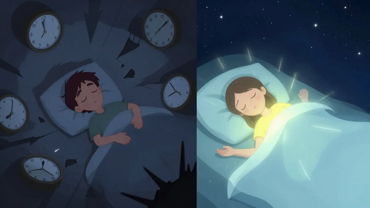 Split scene: one side shows chaos and exhaustion, the other shows peaceful sleep with glowing light radiating from the person's body.