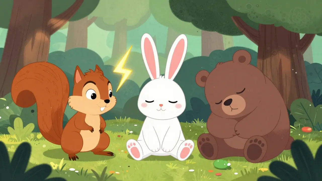 Three animals: hyperactive squirrel, calm rabbit, sleeping bear in forest.