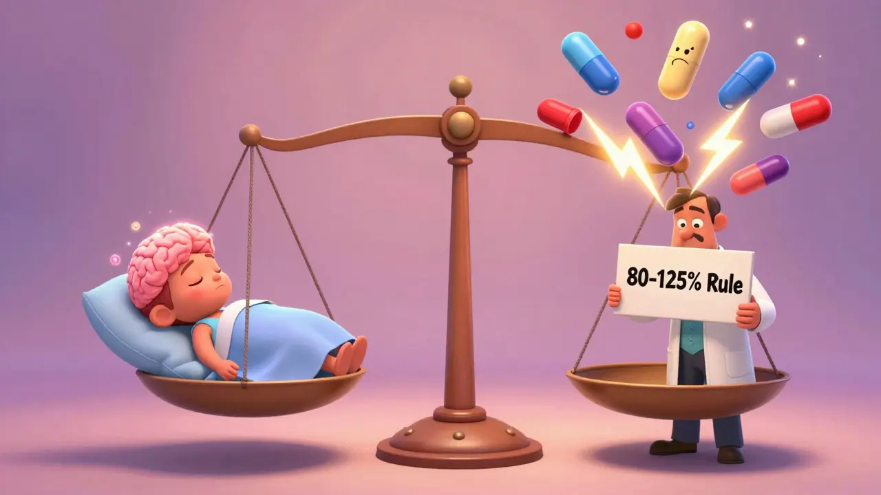 A balanced scale showing a peaceful patient versus a storm of clashing psychiatric pills, representing generic substitution risks.
