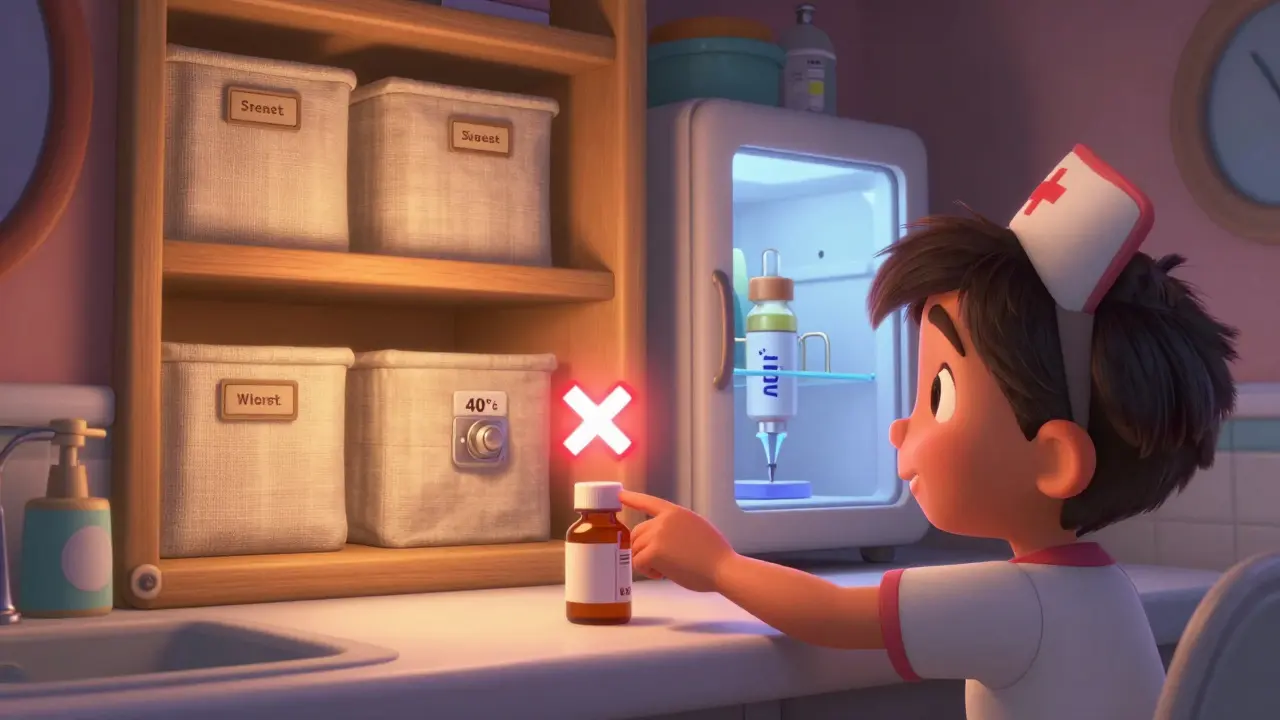 A child reaching for medicine in a humid bathroom while a safe, dry storage closet glows with labeled containers and a nurse icon guiding them.