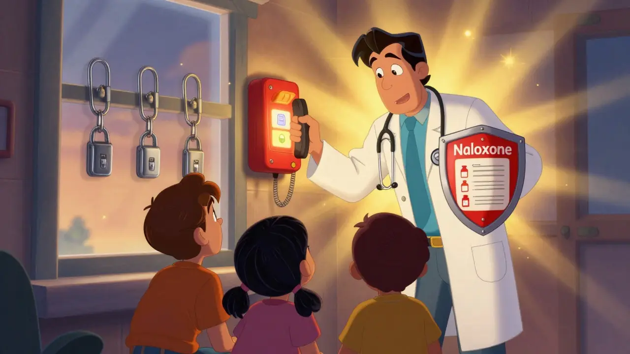 A family calling Poison Control as a heroic figure appears with naloxone and childproofing icons.