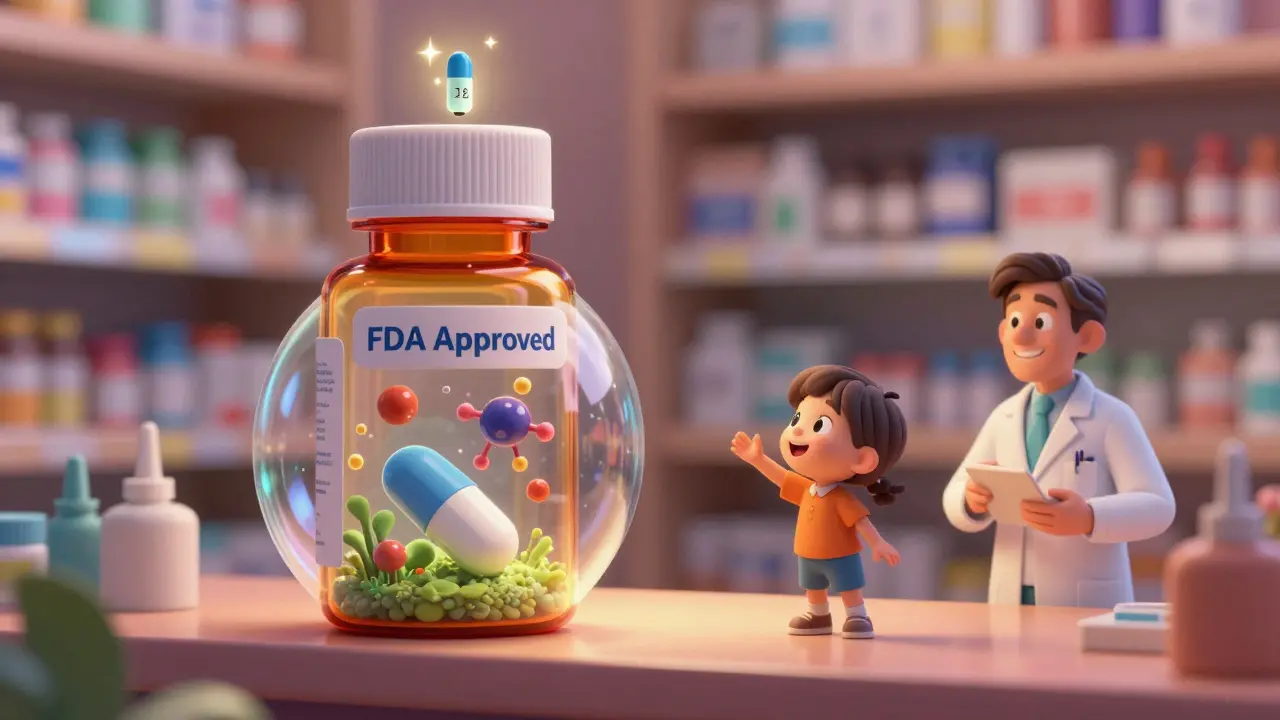 A generic drug bottle on a shelf with a sparkling expiration date, while microscopic molecules dance safely inside, as a child reaches for it.