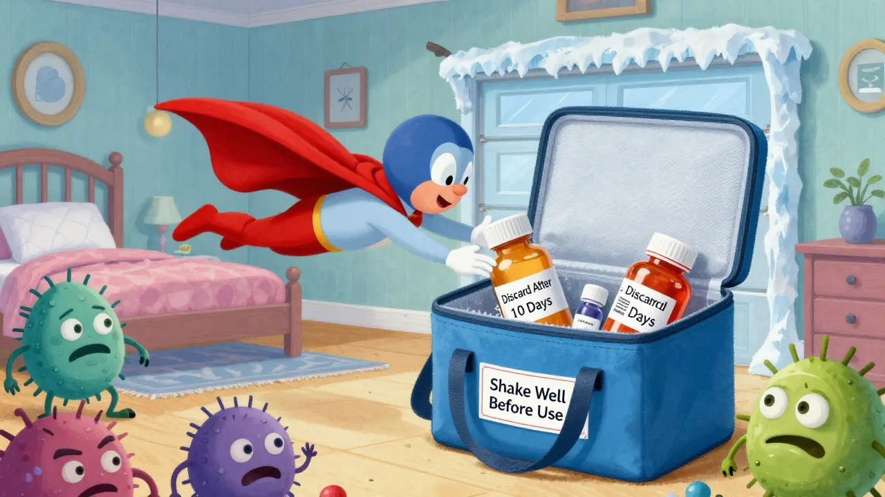 A medicine superhero rescuing an antibiotic bottle from freezing conditions, placing it in a cool insulated bag.