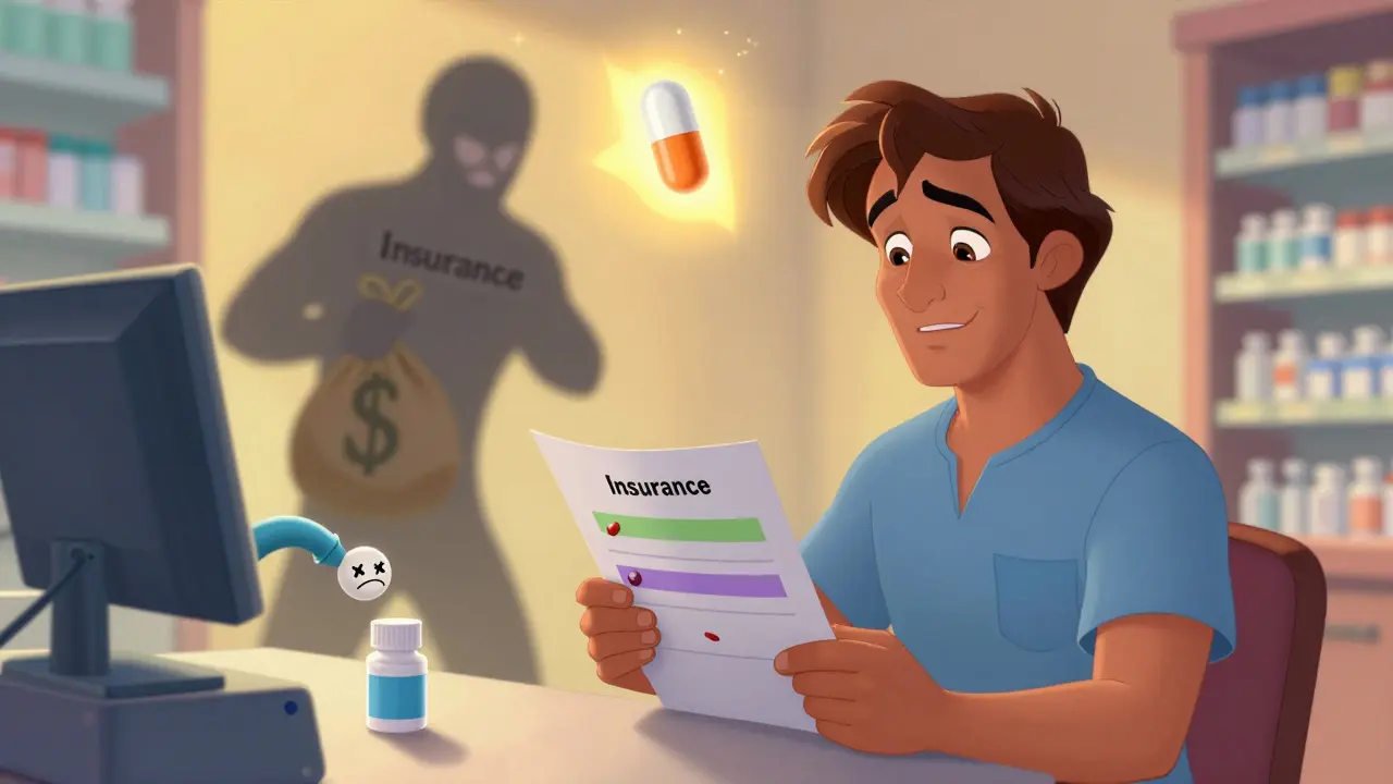 A patient at a pharmacy counter receiving a frowning generic pill while a glowing authorized generic hovers protectively above.