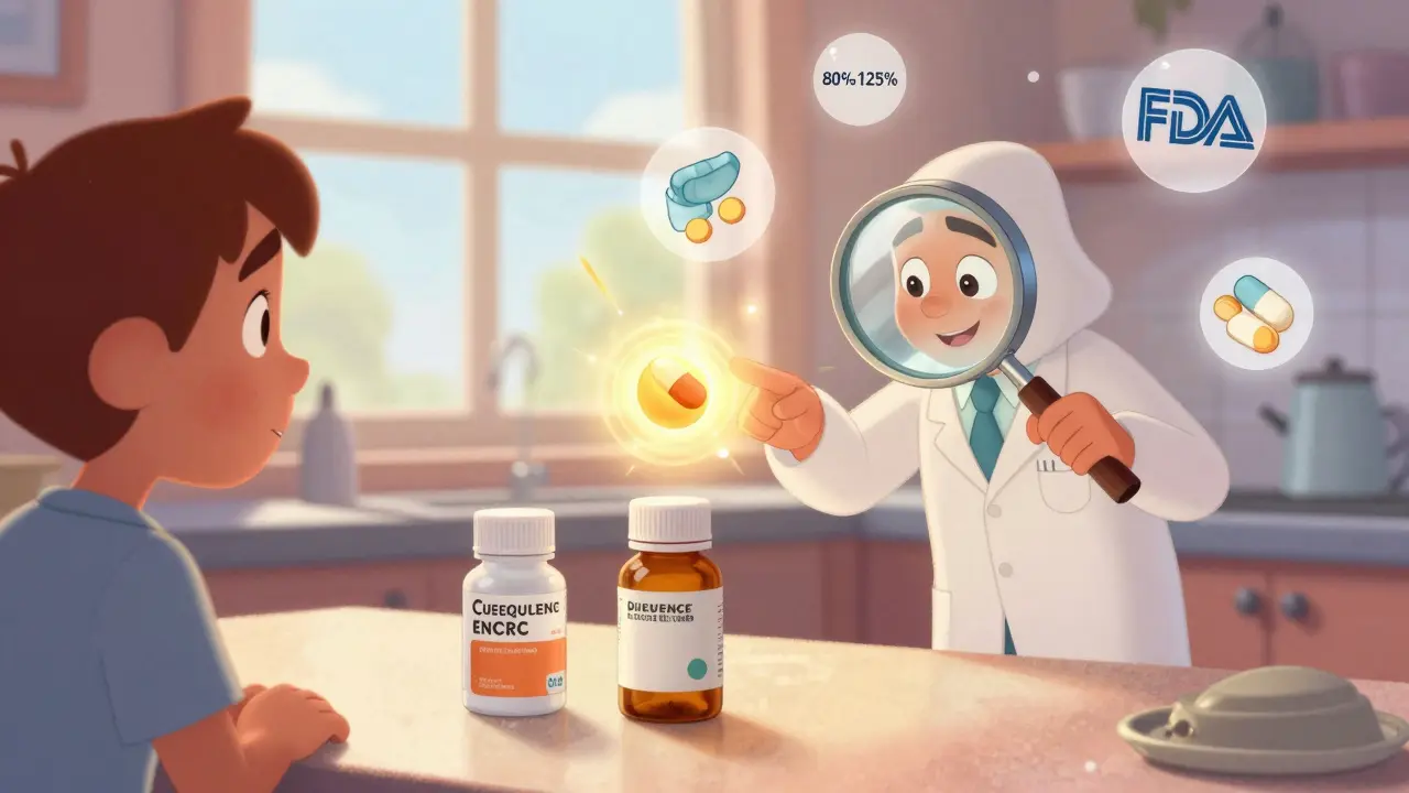 A patient examines two pills side by side as an FDA inspector highlights matching active ingredients with glowing light.