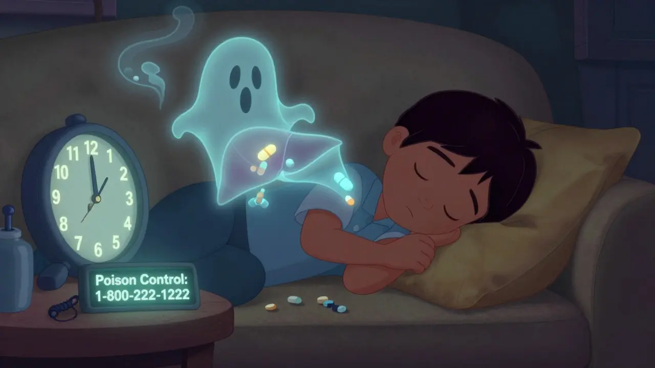 A sleeping child surrounded by dark pills symbolizing liver damage, with a glowing Poison Control phone.
