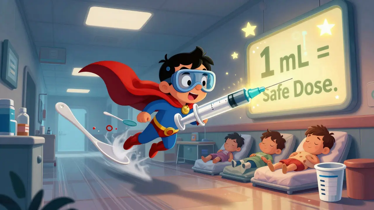 A superhero oral syringe flying past confusing dosing tools, with metric symbols glowing in the background.