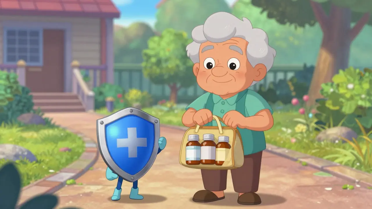 Cartoon patient holding medicine bag with a protective health mascot nearby outdoors.