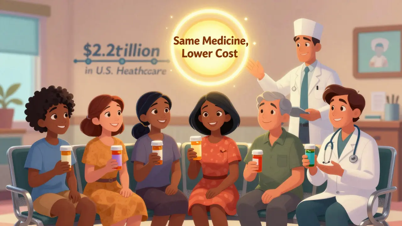 Diverse patients smile while holding different-looking pill bottles, united by a glowing symbol of equal effectiveness and cost savings.