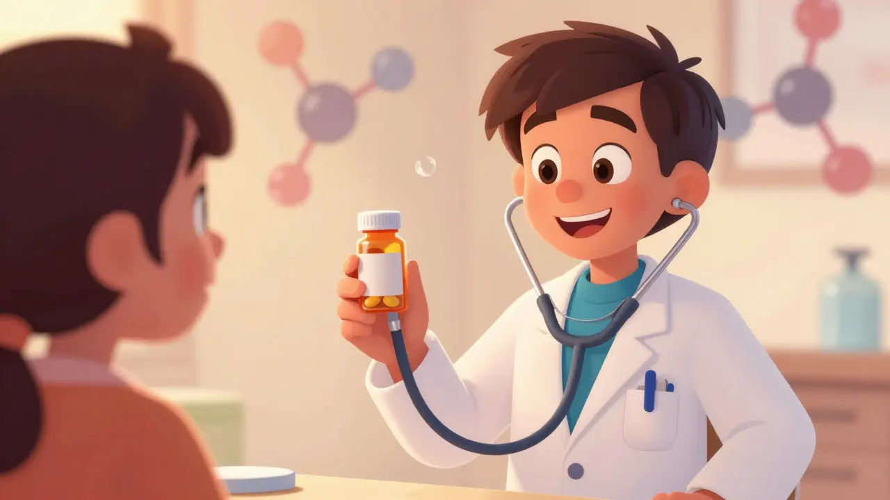 Friendly doctor smiling at patient holding medicine bottle confidently.